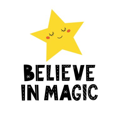  Yazılı sihirli el yazmalarına inan. Vektör çizimi. Bebek baskısı. Kartpostal, afiş, tişört baskısı, davetiye, tebrik kartı, poster için iyi..