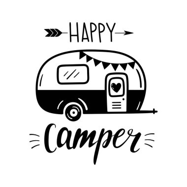  Happy Camper yazı yazmış. Kamp yapmak motive edici kelimeler. Mutlu yaz kampı. Beyaz arkaplanda izole edilmiş vektör illüstrasyonu. Posterler, tekstil ve tişörtler için iyidir..