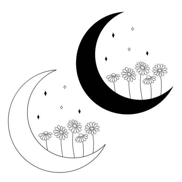 Flower Moon Daisy Ilustração Desenhada Mão Vetorial Design Tatuagem Logotipo — Vetor de Stock