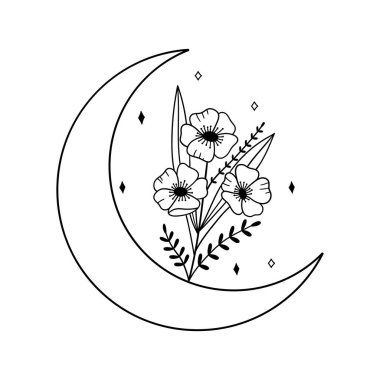  Çiçek Ay Daisy. Vektör el çizimi illüstrasyon. Dövme tasarımı, logo, düğün davetiyesi, tebrik kartı..