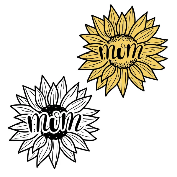 Sonnenblume Mit Schriftzug Mom Vektor Illustration Isoliert Auf Weißem Hintergrund — Stockvektor