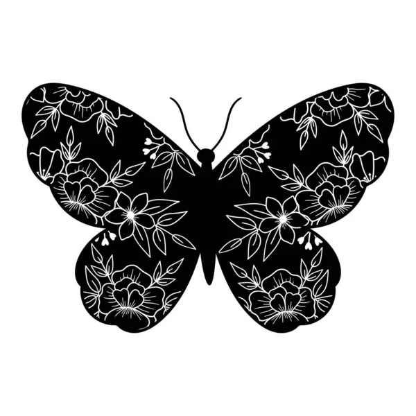 Floral Butterfly Flowers Butterfly Outline Drawing Line Vector Illustration Isolated — Stock Vector