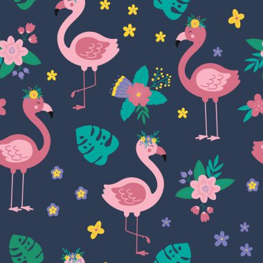  Çiçek pembesi flamingolu tropik, pürüzsüz bir desen. Flamingo ile karikatür vektör arkaplanı. Tekstil, ambalaj kağıdı ve duvar kağıdı tasarımı için..