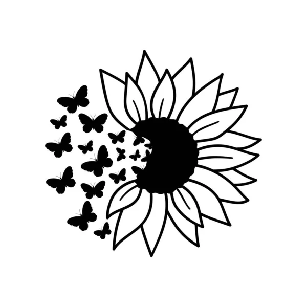 Ayçiçeği Kelebekler Taslak Çizim Çizgi Vektör Çizimi Beyaz Arka Planda — Stok Vektör