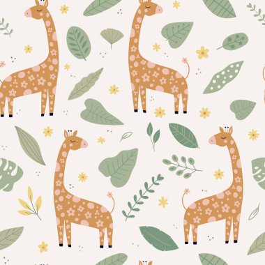 Zürafalı, çiçekli, yapraklı kusursuz vektör deseni. Afrika hayvan çizgi film karakteri. Orman, yağmur ormanları, bozkır hayvanları. Tekstil, ambalaj kağıdı ve duvar kağıdı tasarımı için..