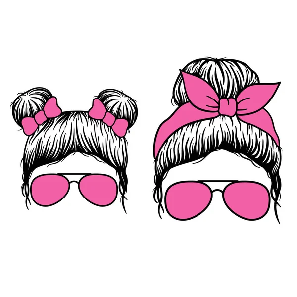 Woman Face Girl Face Aviator Glasses Bandana Messy Bun Mom — Stock Vector