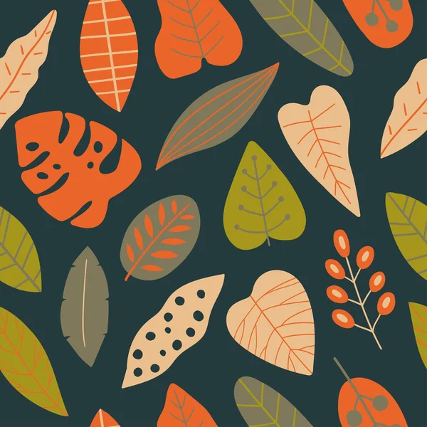 无缝线矢量图案与热带叶子 奇异的植物画 植物性包装纸 纺织品 背景扁平设计 — 图库矢量图片