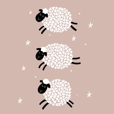  Güzel çizgi film koyunları. Kalp şeklinde koyunlar. Bej arka planda izole edilmiş vektör çocukların çizimi. Çocuklar ve bebekler için bir karakter. Vektör çocuk çizimi. Komik hayvanat bahçesi.