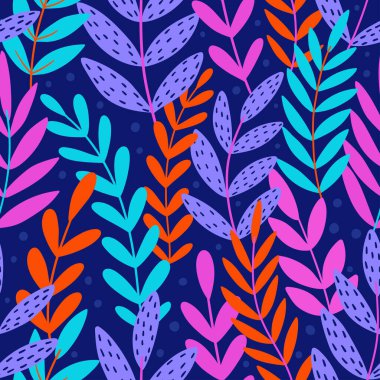  Tropikal yapraklı kusursuz vektör deseni. Tropikal, egzotik bitki çizimi. Botanik ambalaj kağıdı, tekstil, arkaplan düz tasarımı.