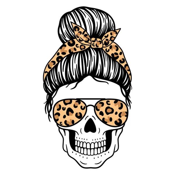 Calavera Femenina Con Gafas Aviador Bandana Estampado Leopardo Cráneo Mamá — Archivo Imágenes Vectoriales