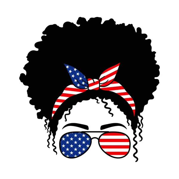 Donne Afro Con Occhiali Aviator Bandana Stampa Usa Flag Disordinato — Vettoriale Stock