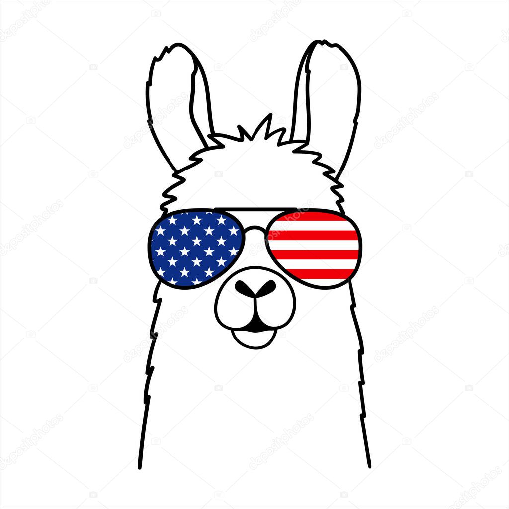  Cute llama with sunglasses and USA Flag print. Vector illustration isolated on white background.