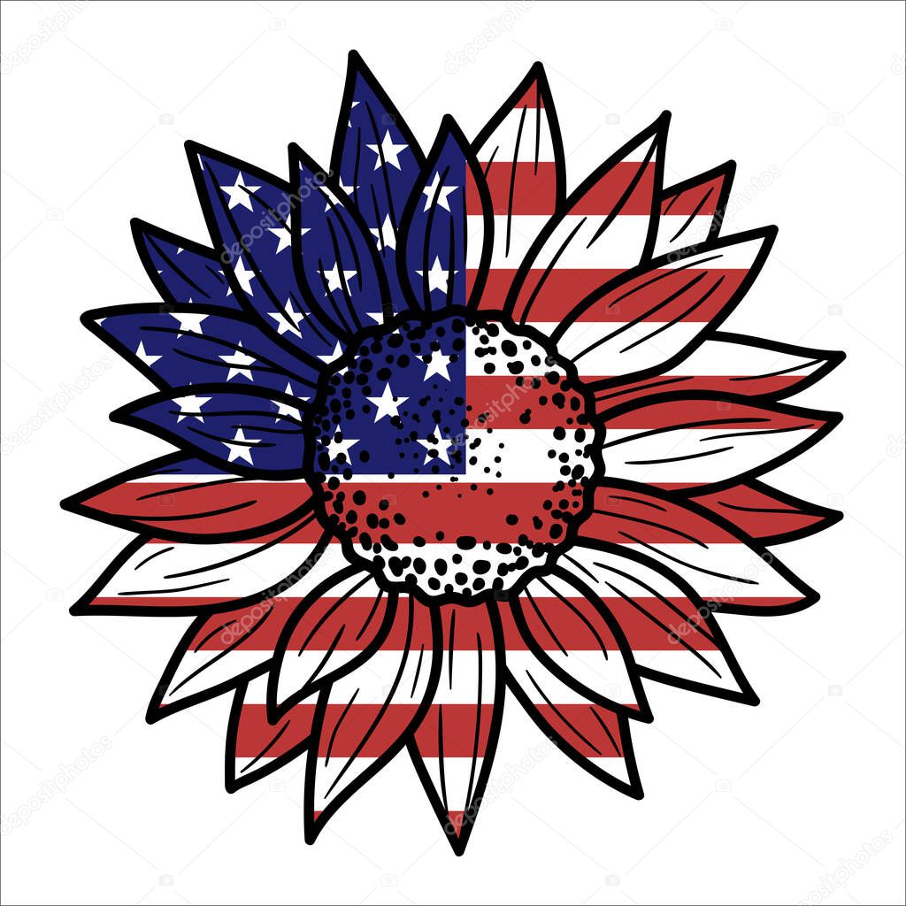 Símbolo 4 de julio, bandera de Estados Unidos dentro del girasol