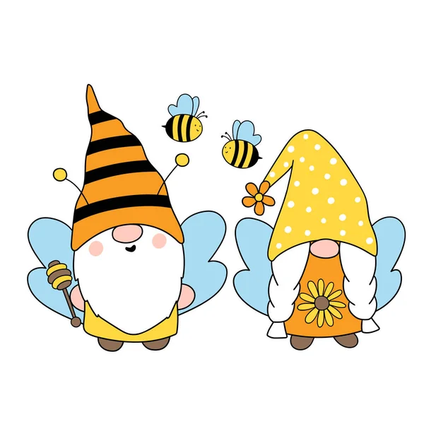 Słodkie Pszczele Krasnale Szczęśliwego Gnomu Pszczół Wektor Ręcznie Rysowane Ilustracji — Wektor stockowy