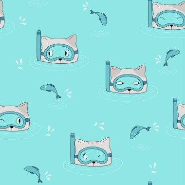  Kediler ve balıklarla tuhaf, pürüzsüz bir düzen. Kedi dalgıcı. Sualtı maskeli kedi. Çocukların yaz vektör illüstrasyonu.