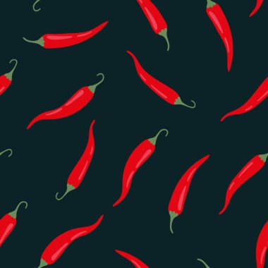 Siyah arka planda kırmızı kırmızı kırmızı biber. Kumaş için vektör tekrarlama arkaplanı. 