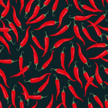 Siyah arka planda kırmızı kırmızı kırmızı biber. Kumaş için vektör tekrarlama arkaplanı. 