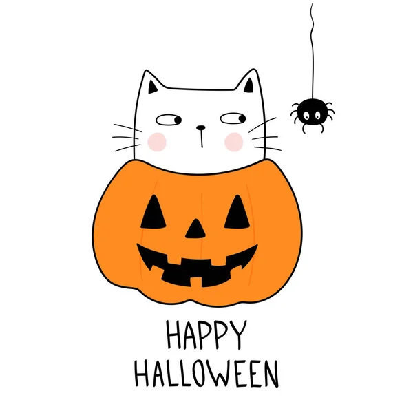 Šťastný Halloween Vtipná Kočka Dýně Doodle Styl Vektorová Plochá Ilustrace — Stockový vektor