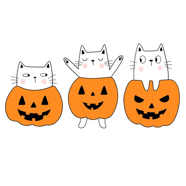 Šťastný Halloween Vtipná Kočka Dýně Doodle Styl Vektorová Plochá Ilustrace — Stockový vektor