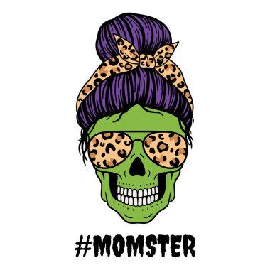  Momster. Halloween mom. Female skull with aviator glasses bandana and leopard print. Mom skull with messy bun. Vector illustration.  Isolated on white background. clipart