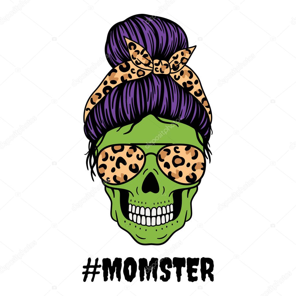  Momster. Halloween mom. Female skull with aviator glasses bandana and leopard print. Mom skull with messy bun. Vector illustration.  Isolated on white background.