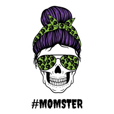  Cadılar Bayramı annesi. Havacı gözlüklü kadın kafatası bandana ve kafatası izi. Dağınık çörekli anne kafatası. Vektör çizimi. Beyaz arkaplanda izole.