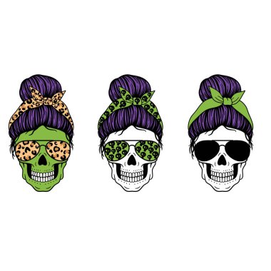  Cadılar Bayramı annesi. Havacı gözlükleri olan bir kadın kafatası. Dağınık çörekli anne kafatası. Vektör çizimi. Beyaz arkaplanda izole.