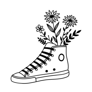  Spor ayakkabılı çiçekler. Çiçek buketi. Taslak çizim. Çizgi vektör çizimi. Beyaz arka planda izole edilmiş. Davetiye, düğün veya tebrik kartı tasarımı.