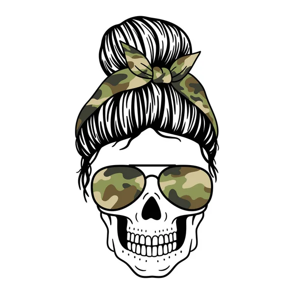 Female Skull Aviator Glasses Bandana Camouflage Print Mom Skull Messy — Vettoriale Stock