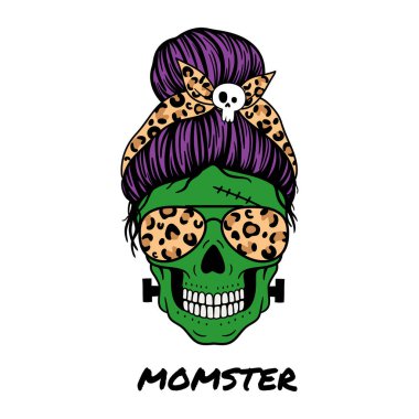  Cadılar Bayramı annesi. Havacı gözlüklü kadın kafatası bandana ve kafatası izi. Dağınık çörekli anne kafatası. Vektör çizimi. Beyaz arkaplanda izole.