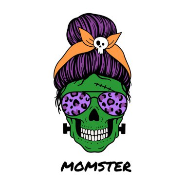  Cadılar Bayramı annesi. Havacı gözlüklü kadın kafatası bandana ve kafatası izi. Dağınık çörekli anne kafatası. Vektör çizimi. Beyaz arkaplanda izole.