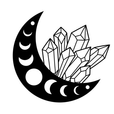  Kristalli mistik ay. Ay evreleri. Sihirli kristaller. Mistik ve büyülü, astroloji çizimi. Boho ayının vektör çizimi. Beyaz arkaplanda izole.