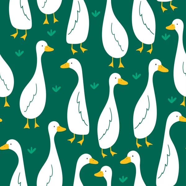  Pattern with cute goose on green background. Vector illustration in flat style. esign for fabric, wallpaper or wrap paper.
