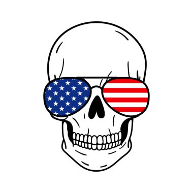  Güneş gözlüklü bir kafatası. Amerikan Bayrağı Yazdırma. Vektör çizimi. Beyaz arkaplanda izole.