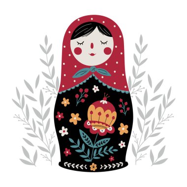  Matrioshka Rus Yuva Bebeği. Geleneksel Rus Kültürü. Halk oyuncağı. Babushka bebeği. El çizimi vektör illüstrasyonu. 