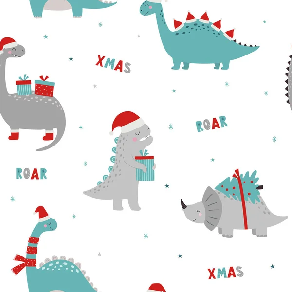 Vánoční Vzor Dinosaury Řev Vánoc Dino Vánoce Vektorová Ilustrace Vtipné — Stockový vektor
