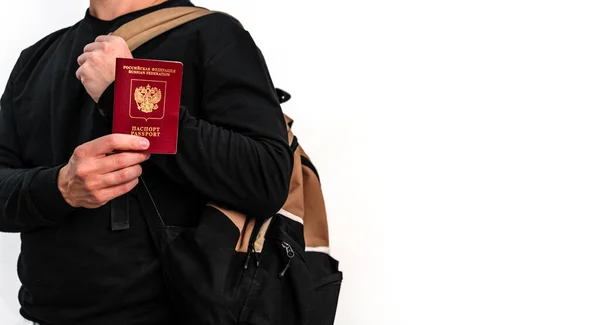 Banner White Background Young Man Black Jacket Shows Russian Passport — Stock Photo, Image