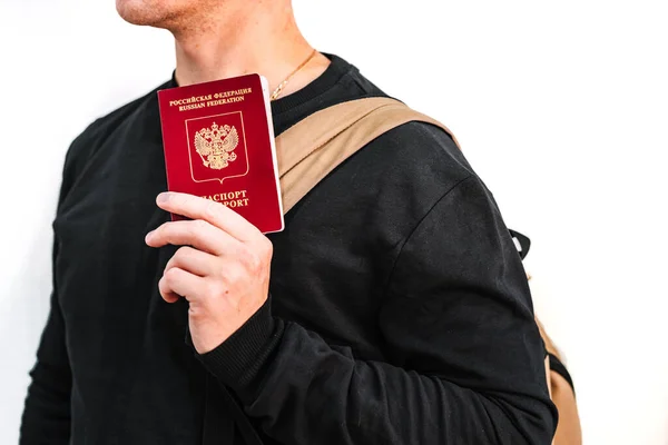 Banner White Background Young Man Black Jacket Shows Russian Passport — Stock Photo, Image