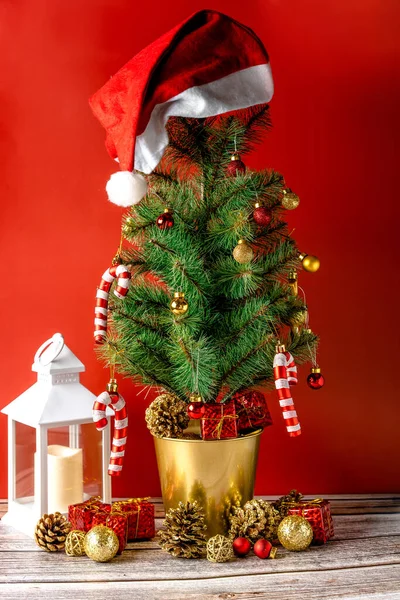 Karácsonyfa Sapkával Tetején Fehér Lámpa Piros Háttér — Stock Fotó