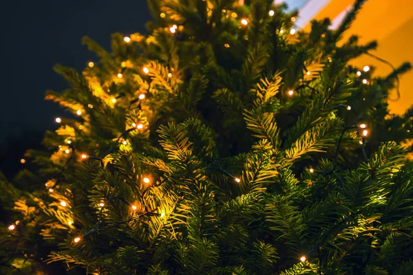 Natale Sfondo Sfocato Festivo Bokeh Luci Dell Albero Natale Una — Foto Stock