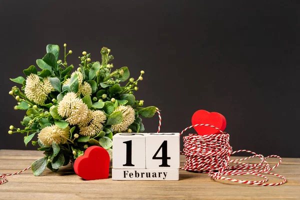 Valentine Day Background Copy Space Flowers Calendar February Hearts Wooden — Stock Photo, Image