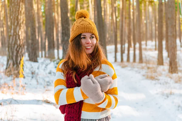 Portrait Young Woman Sweater Background Snowy Landscape Winter Pine Forest — Stock Photo, Image