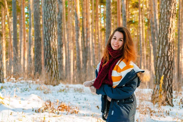 Portrait of a young woman in a sweater on the background of a snowy landscape in a winter pine forest