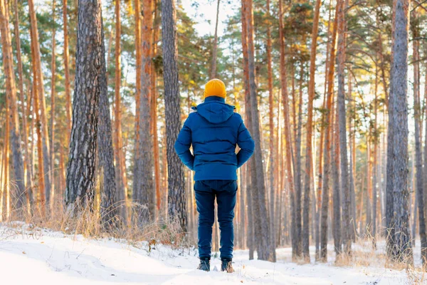 Portret Młodego Mężczyzny Tle Śnieżnego Krajobrazu Zimowym Lesie Sosnowym — Zdjęcie stockowe