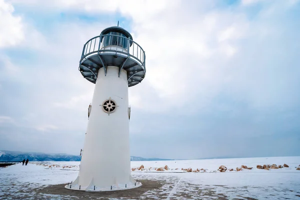 Lighthouse Winter Day Frozen Snow Covered River Beautiful Winter Landscape — Stock Photo, Image