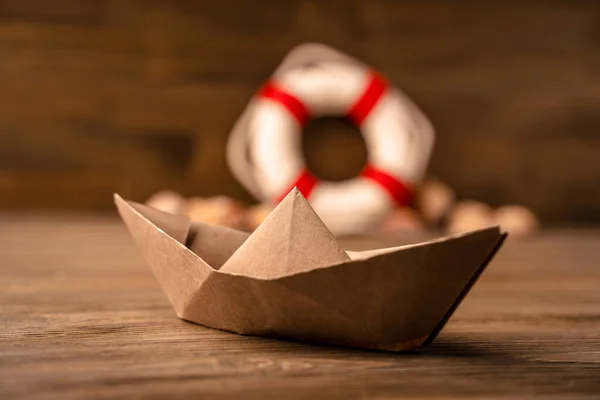 Sommer Meer Banner Rettungsring Muscheln Und Ein Papierboot Auf Einem — Stockfoto