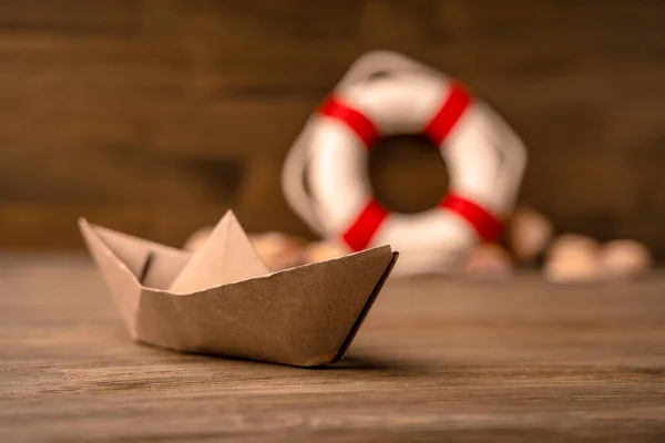 Sommer Meer Banner Rettungsring Muscheln Und Ein Papierboot Auf Einem — Stockfoto
