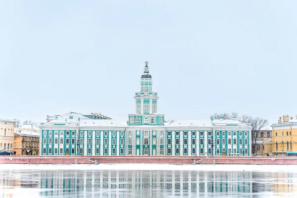 Panorama of the city, frozen Neva and view of the Kunstkamera in St. Petersburg, winter landscape