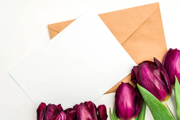 パステル地に白紙とチューリップの花を書くための封筒 テキストのためのスペース — ストック写真