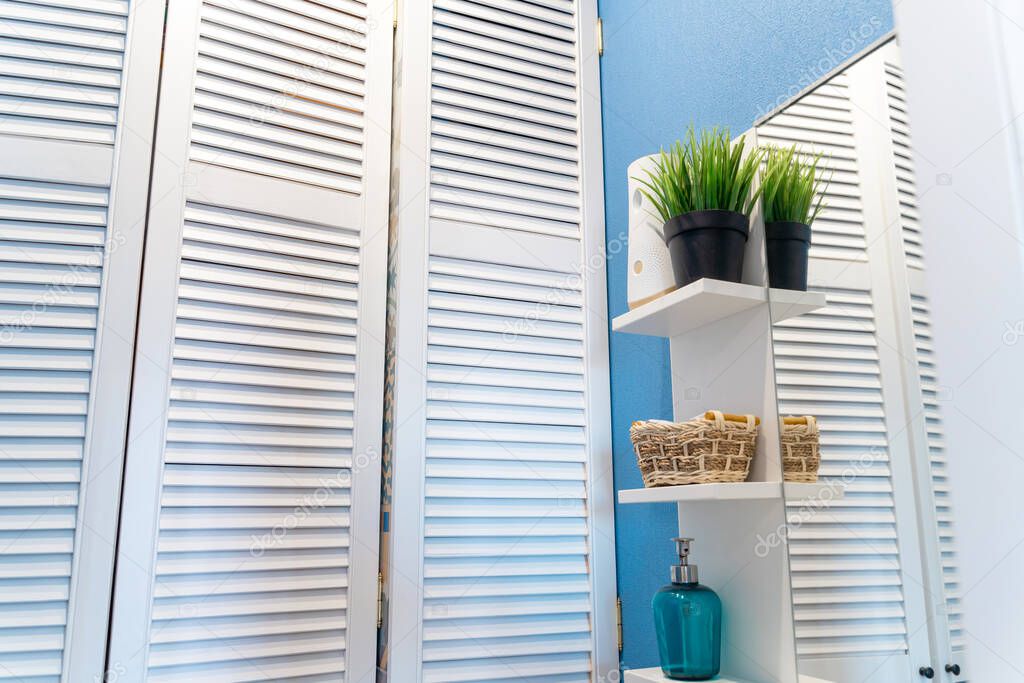  Louvered doors in the closet in the toilet, blue walls and a mirror